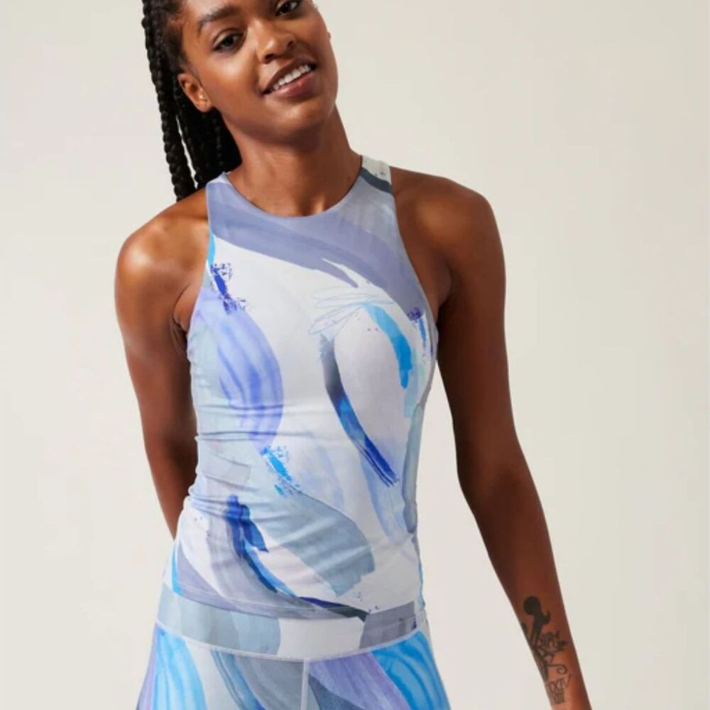 Athleta, Conscious Printed Support Top, S Blue White Abstract Activewear